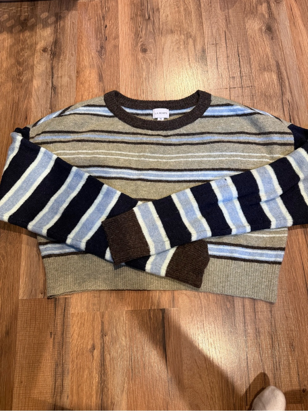 La Hearts Striped Crewneck Sweater in Brown, Navy & Light Blue
